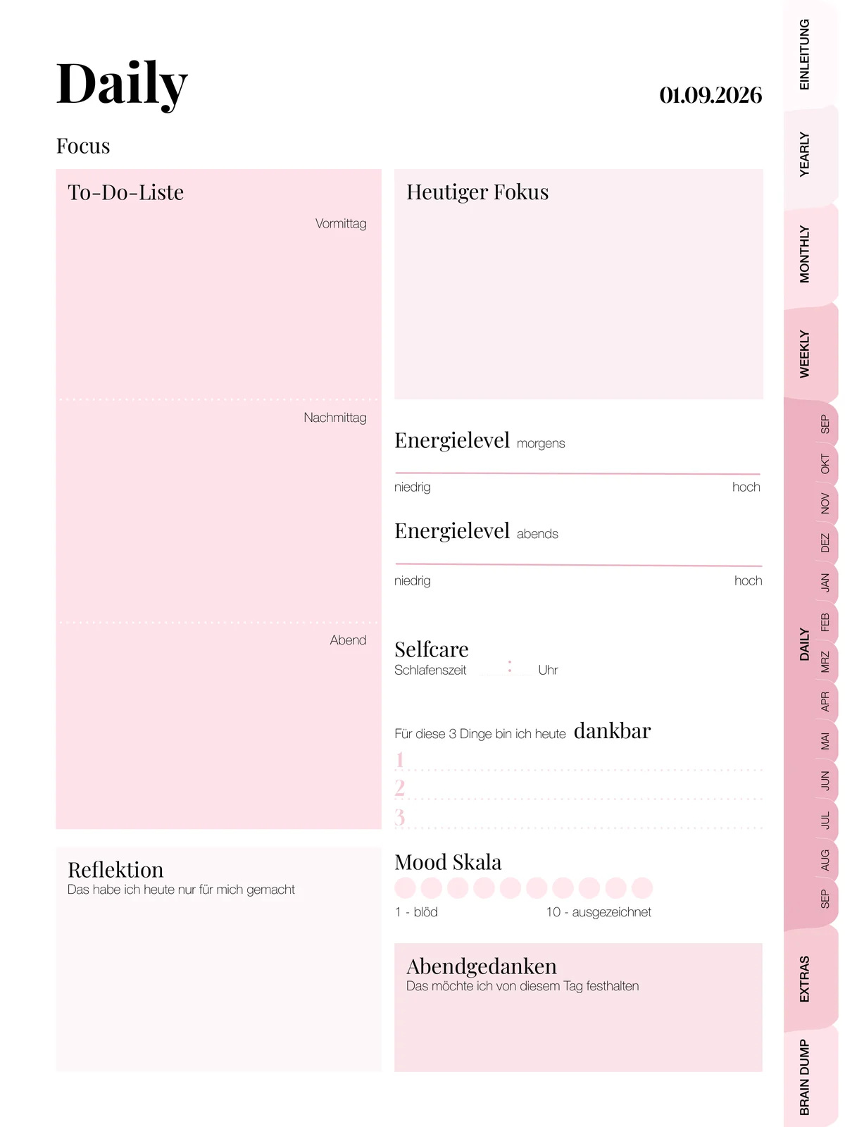 Tagesseite mit To-Do-Liste, Heutiger Fokus, Energielevel, Selfcare, Mood Skala und Abendgedanken
